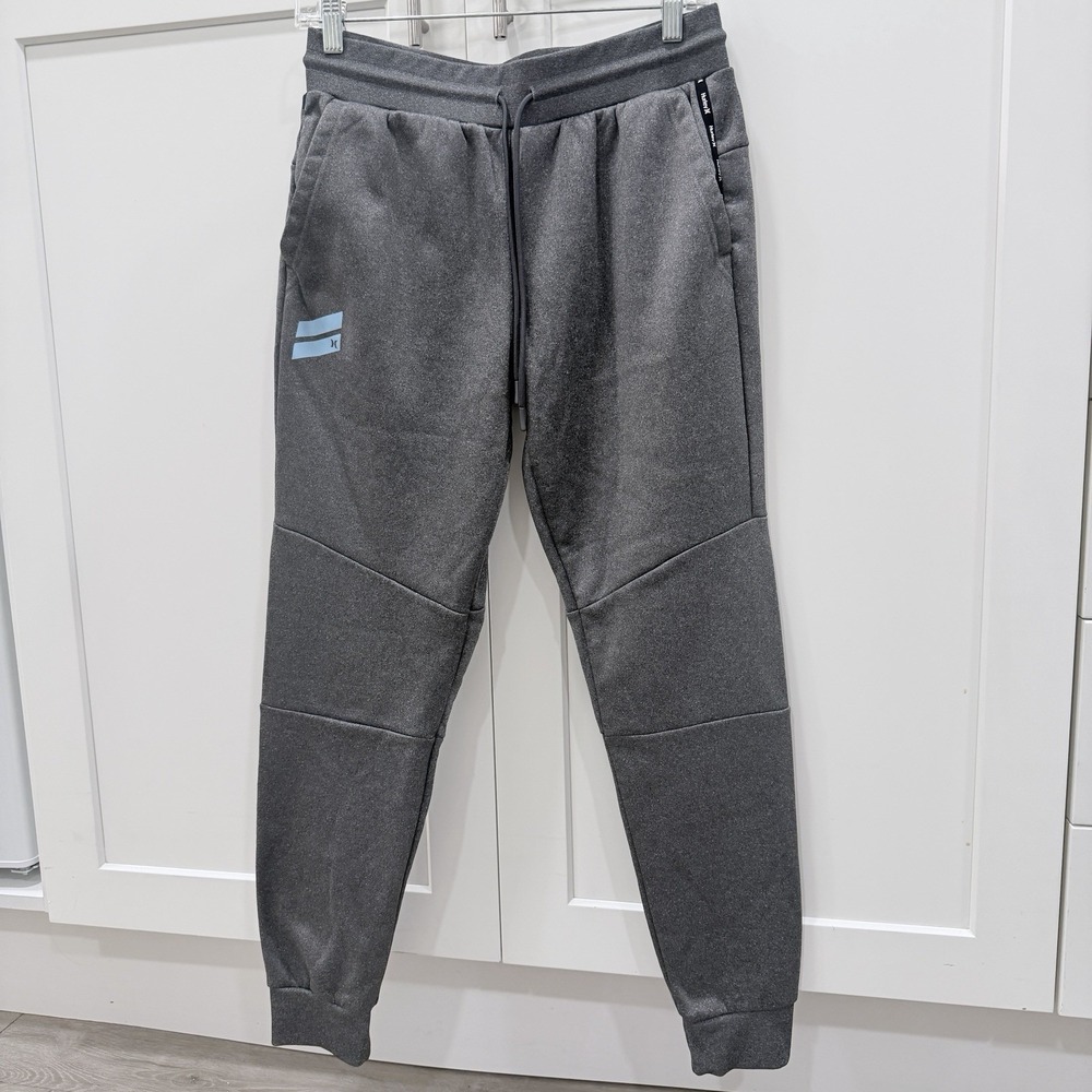 Hurley Men's Small Gray Fleece Jogger Pants Slim Tapered Athletic Blue Logo